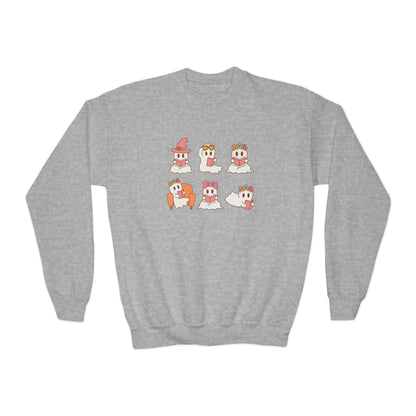 Cute Reading Ghosts Youth Crewneck Sweatshirt — "Everyday’s Trash Day" Raccoon Graphic
