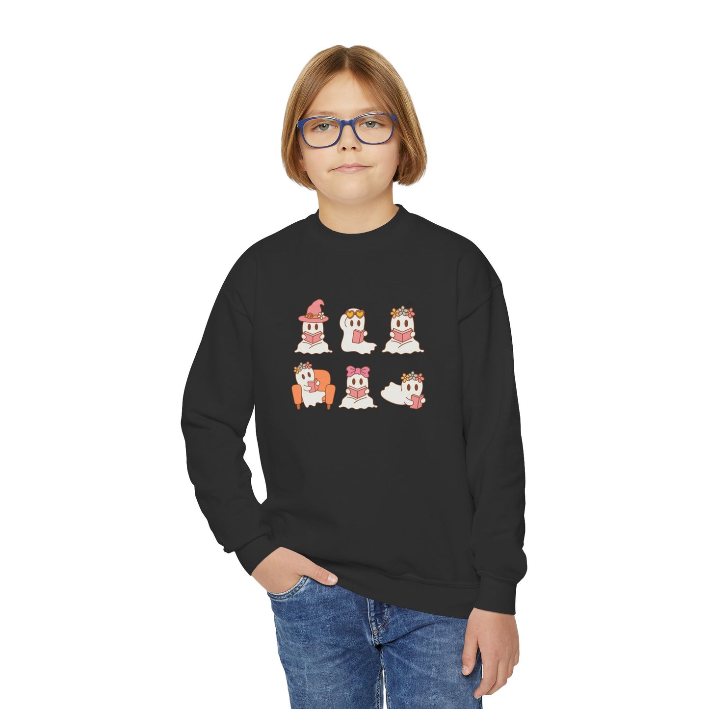 Cute Reading Ghosts Youth Crewneck Sweatshirt — "Everyday’s Trash Day" Raccoon Graphic