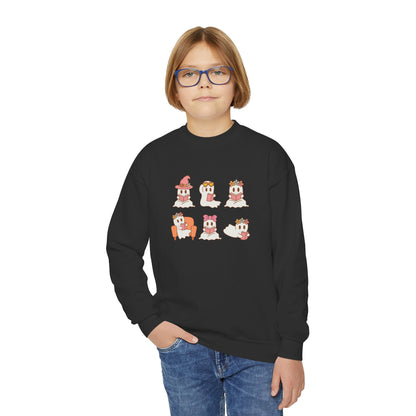 Cute Reading Ghosts Youth Crewneck Sweatshirt — "Everyday’s Trash Day" Raccoon Graphic