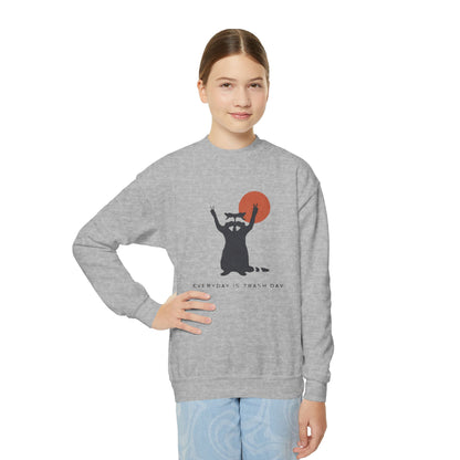 Youth Crewneck Sweatshirt — "Everyday’s Trash Day" Raccoon Graphic