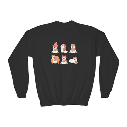 Cute Reading Ghosts Youth Crewneck Sweatshirt — "Everyday’s Trash Day" Raccoon Graphic