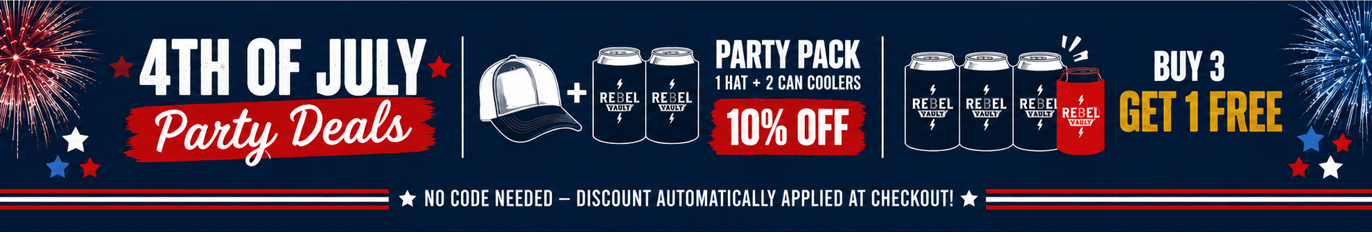 Promotional banner for 4th of July party deals with products and discounts.